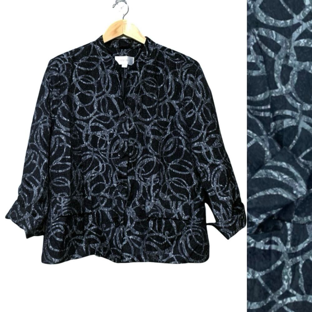 Erin London Blazer Size L Silver Scribble Loop Swirl 3/4 Cuff Sleeve